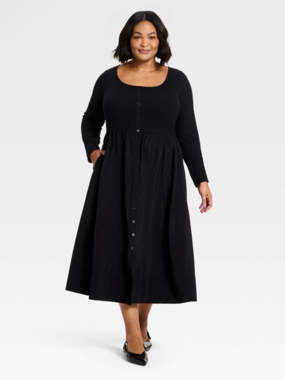 Ava & Viv Women's Plus Long Sleeve Button-Front Maxi Dress black NWT - Picture 2 of 4